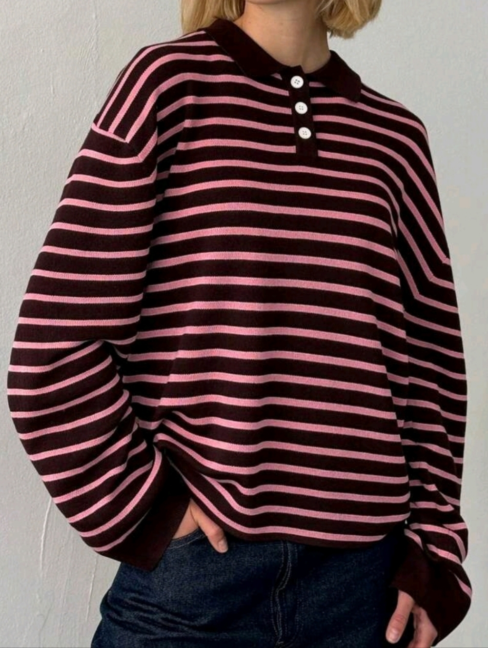 Striped Polo Knit Sweater in Burgundy and Pink
